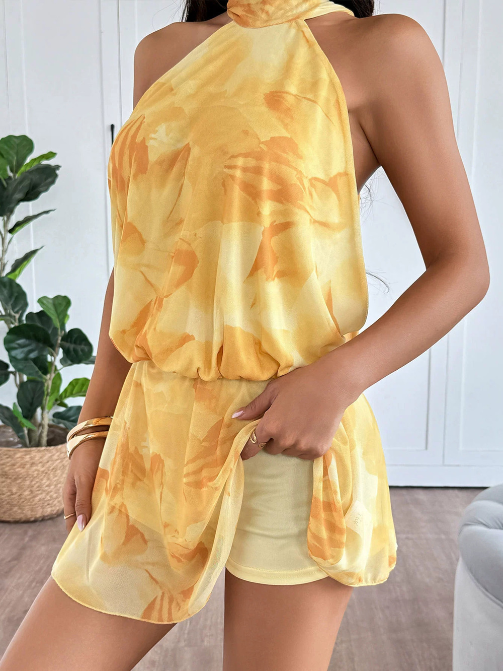 ZARA Yellow Floral Print Halter Neck Tie Front Short Dress Vacation Style